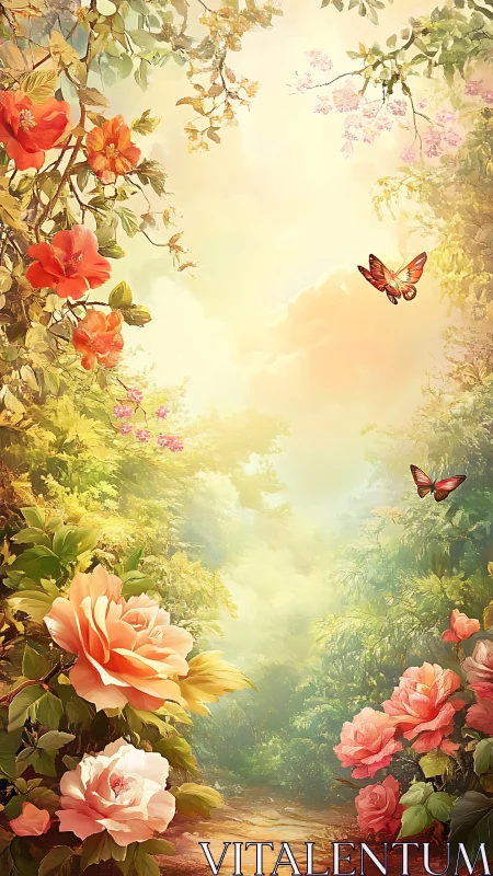 Sunlit butterflies drift through a rose-framed secret path