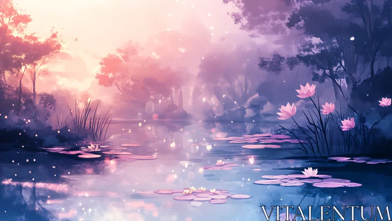 Soft sunrise drifts over a tranquil pond of glowing lilies