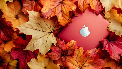 Red laptop rests amid vivid autumn maple leaves.