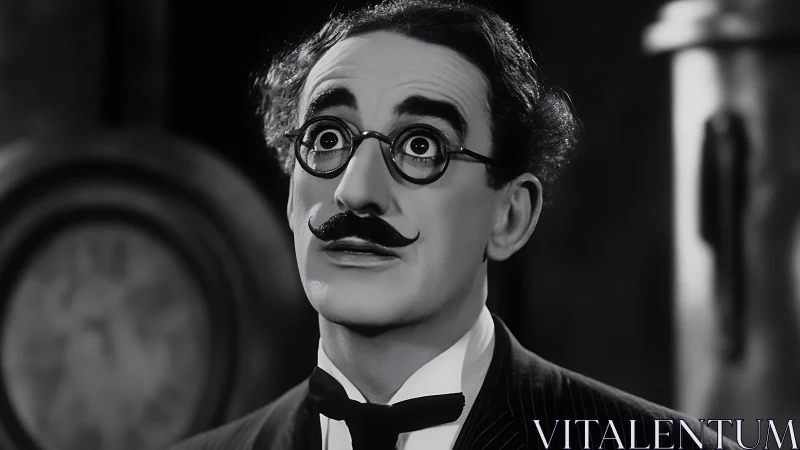 Monochrome portrait of wide eyed man with round glasses and moustache