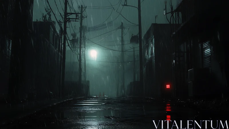 Moody rainy alley glowing with neon hints and quiet mystery.