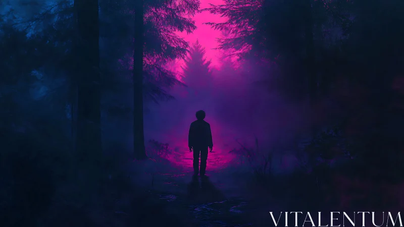 Silhouetted figure stands on forest path under magenta haze