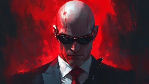 Bald suited enforcer in red backlit digital portrait