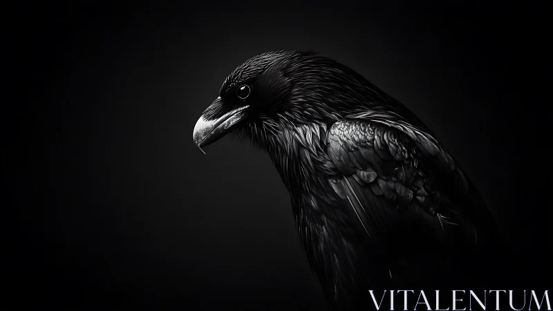 Monochrome corvid portrait in high-contrast chiaroscuro lighting.