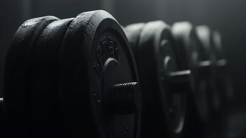 Steel dumbbell lineup broods in moody gym shadows.