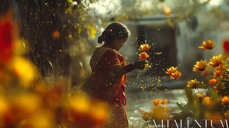 Girl in golden backlight holding marigold blossoms outdoors.