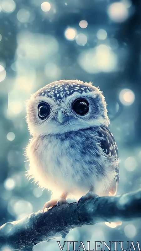 Baby owl glows softly against dreamy bokeh forest light.