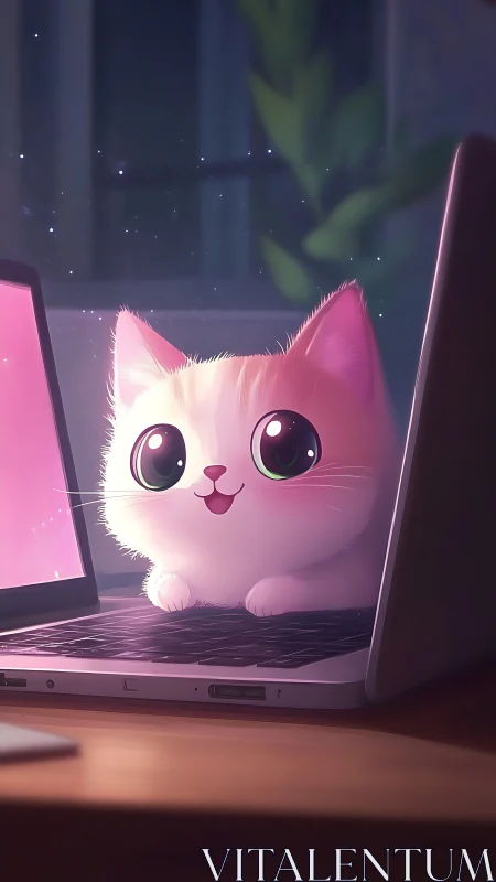 Luminescent Feline Character Emerging from Laptop Display Interface.