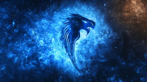 Cosmic blue dragon emblem blazes through nebula void.