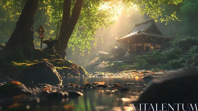 Sunlit forest shrine beside tranquil, leaf-strewn stream.