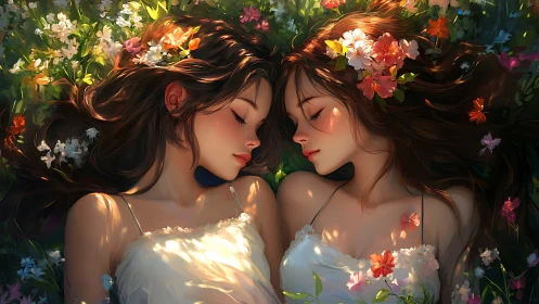 Two Women in Golden Flower Garden at Sunset