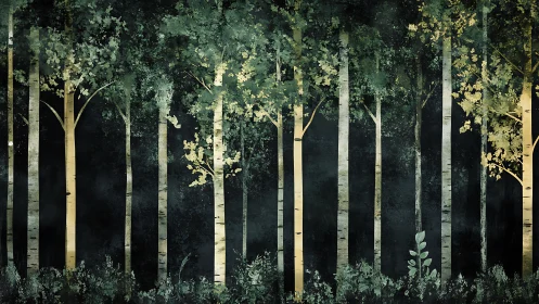 Dark Forest Cathedral Light. Birch Trees Golden Canopy.