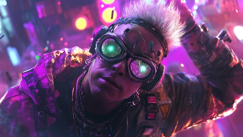 Cyberpunk hacker leans into neon haze with luminous goggles