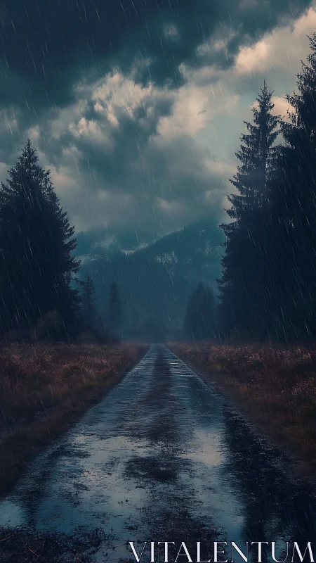 Wet road through coniferous forest under rain with mountain backdrop