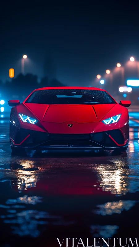 Red sports car stands on wet city street at night