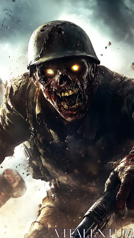 Undead soldier charging through smoke with glowing eyes.