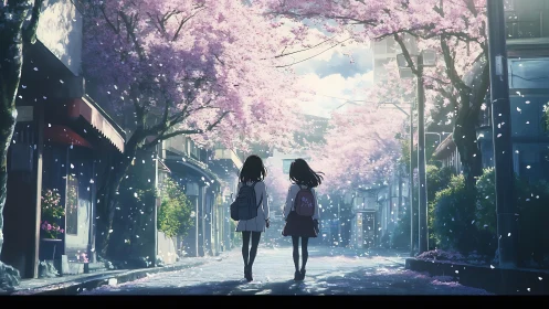 Backlit cherry avenue with two students under drifting petals.