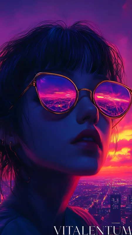 Neon sunset reflections in dreamy city-view sunglasses.