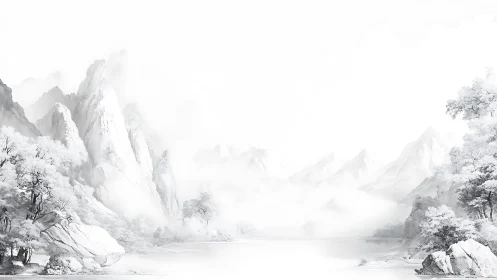 Whispering ink mountains drift through silver morning mist.