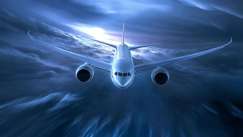 Passenger jet flies head on through dense blue cloud layer