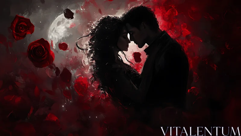 Silhouetted Couple Embracing Amid Crimson Rose Nebula and Moonlight