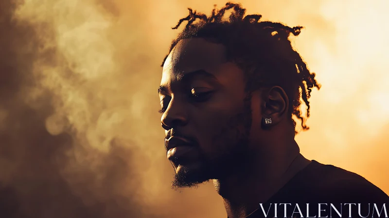 Moody side-lit portrait of man against warm smoky backdrop.