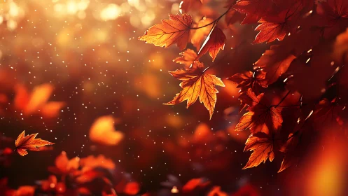 Autumn maple foliage in radiant backlit golden bokeh glow.