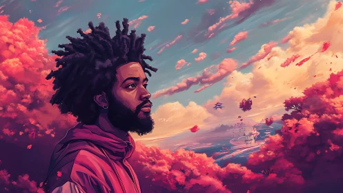 Dreaming traveler gazes toward a surreal sunset horizon