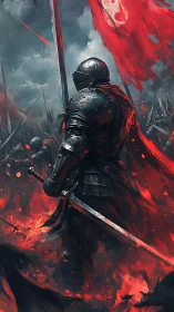 Armored warlord amid crimson embers on stormed battlefield.