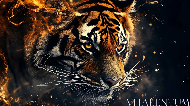 Ember crowned tiger strides through molten shadowed dusk.