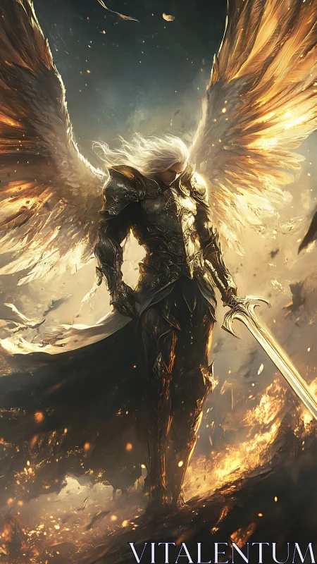 Luminescent armored seraph amid apocalyptic flame tableau.