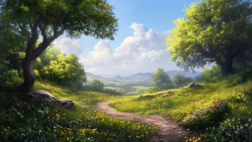 Curved dirt path crosses sunlit meadow beneath large trees