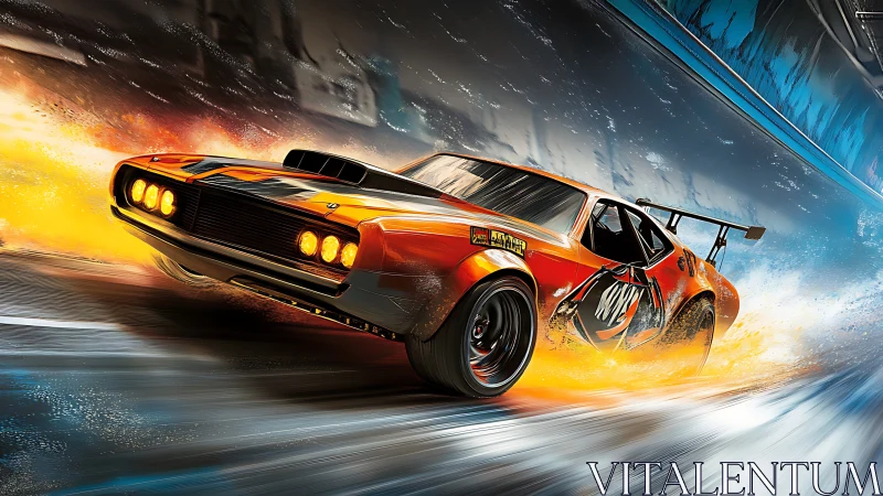 Fiery muscle car roars through a neon drenched racing tunnel