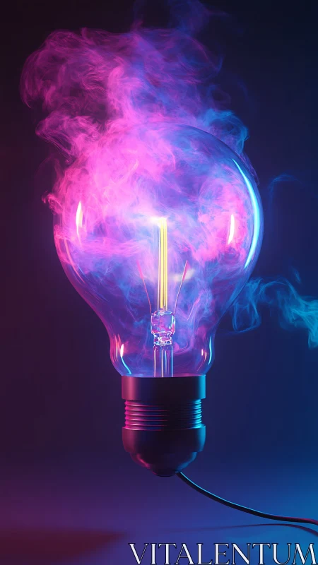 Glowing neon light bulb drifts in pink and blue vapor