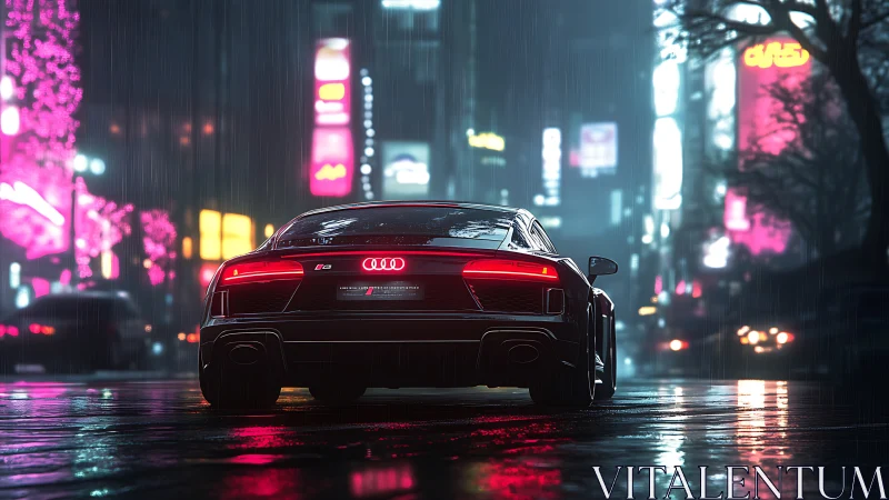 Audi sports coupe idles in neon city street during rain