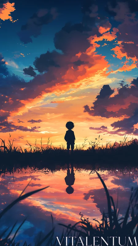 Solitary child silhouetted against neon dusk sky reflection.