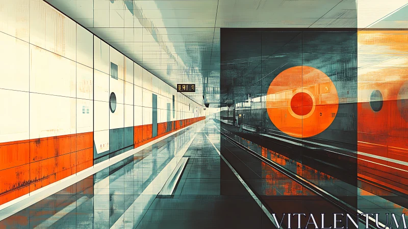 Abstract metro platform corridor with geometric orange overlays