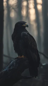 Dark-plumaged eagle on wet log in fog-diffused backlit forest