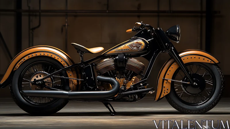 Custom black and gold vintage cruiser motorcycle in studio