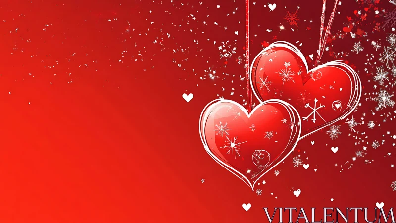 Red Christmas Hearts with Snowflakes and Ribbons.