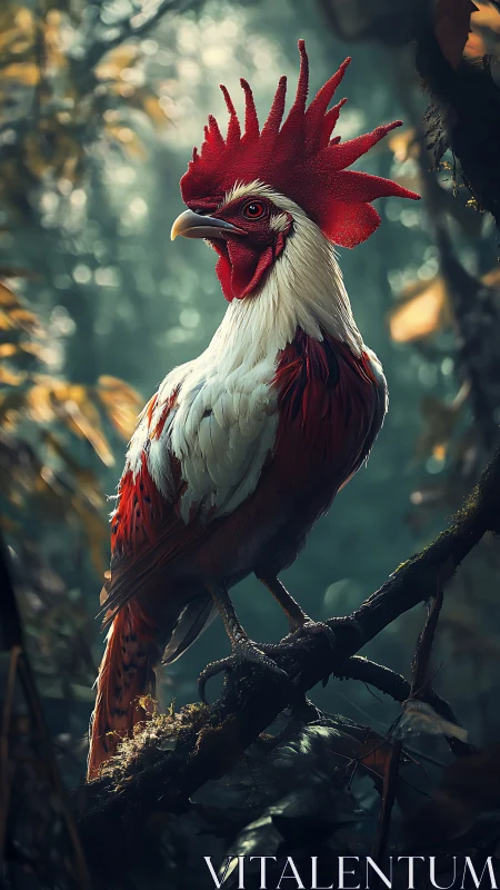 Crimson Crested Rooster Perched Against Misty Forest.