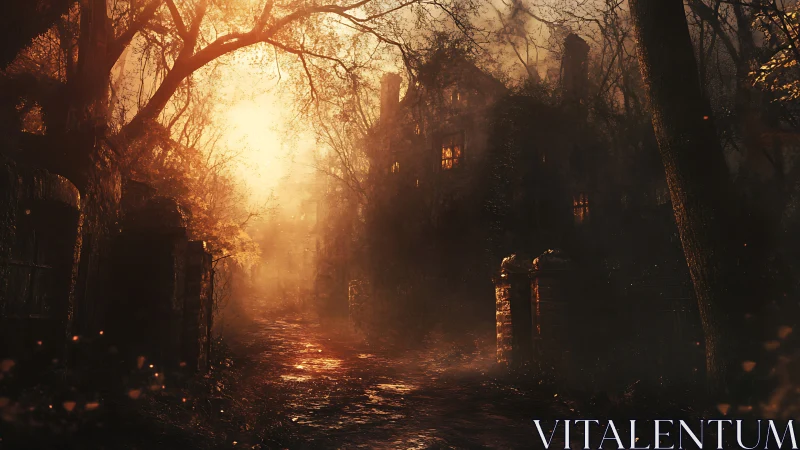 Haunted forest manor glowing through burning dusk light.