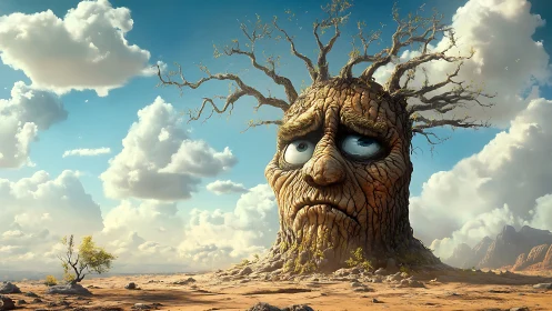 Soft-eyed desert tree spirit under wandering cotton clouds.