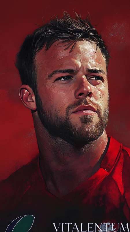 Rugby player portrait in dynamic red digital painting.