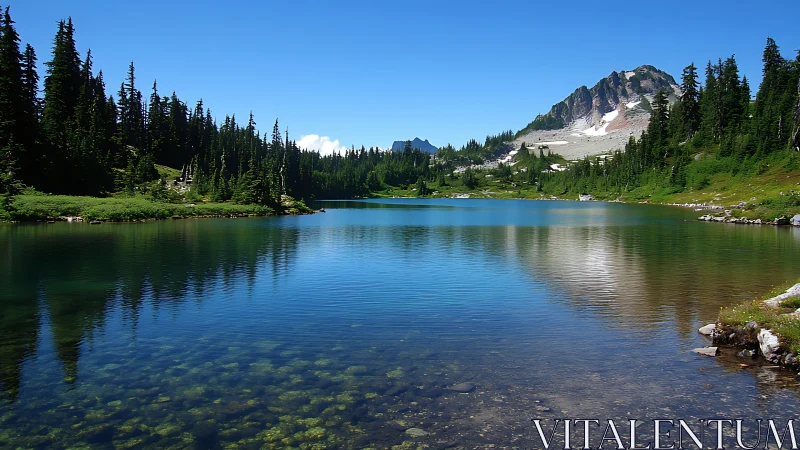 Crystal alpine lake mirroring evergreens and distant peaks.