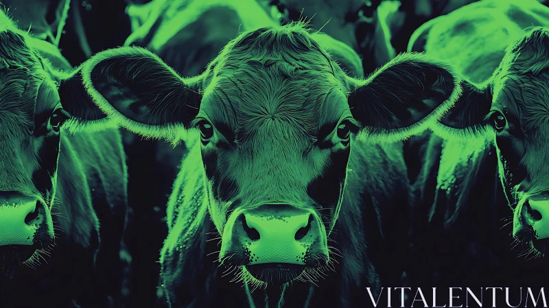Neon duotone close up of dairy cows in frontal alignment