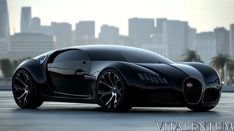 Sleek black supercar glides confidently above a modern city