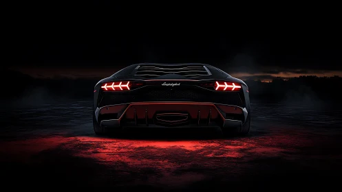 Supercar taillights burn through the night in dramatic profile.