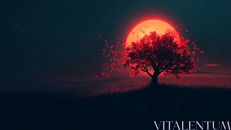 Red moon behind lone tree with glowing falling leaves.