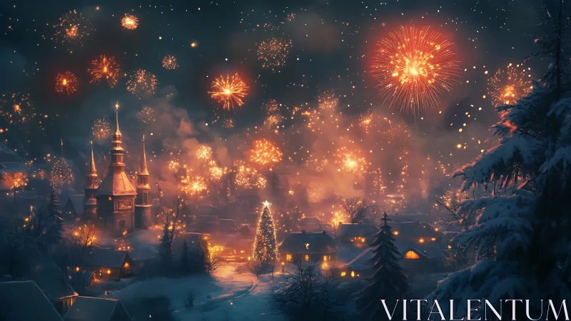 Snowy village skyline glows under festive winter fireworks